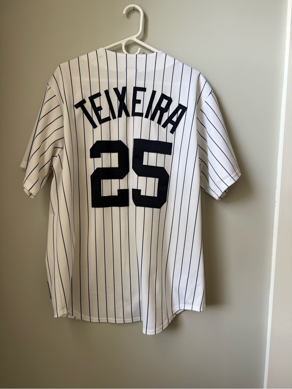 Majestic White Yankees Jersey with Navy Pinstripes and Logo Tag - Teixeira